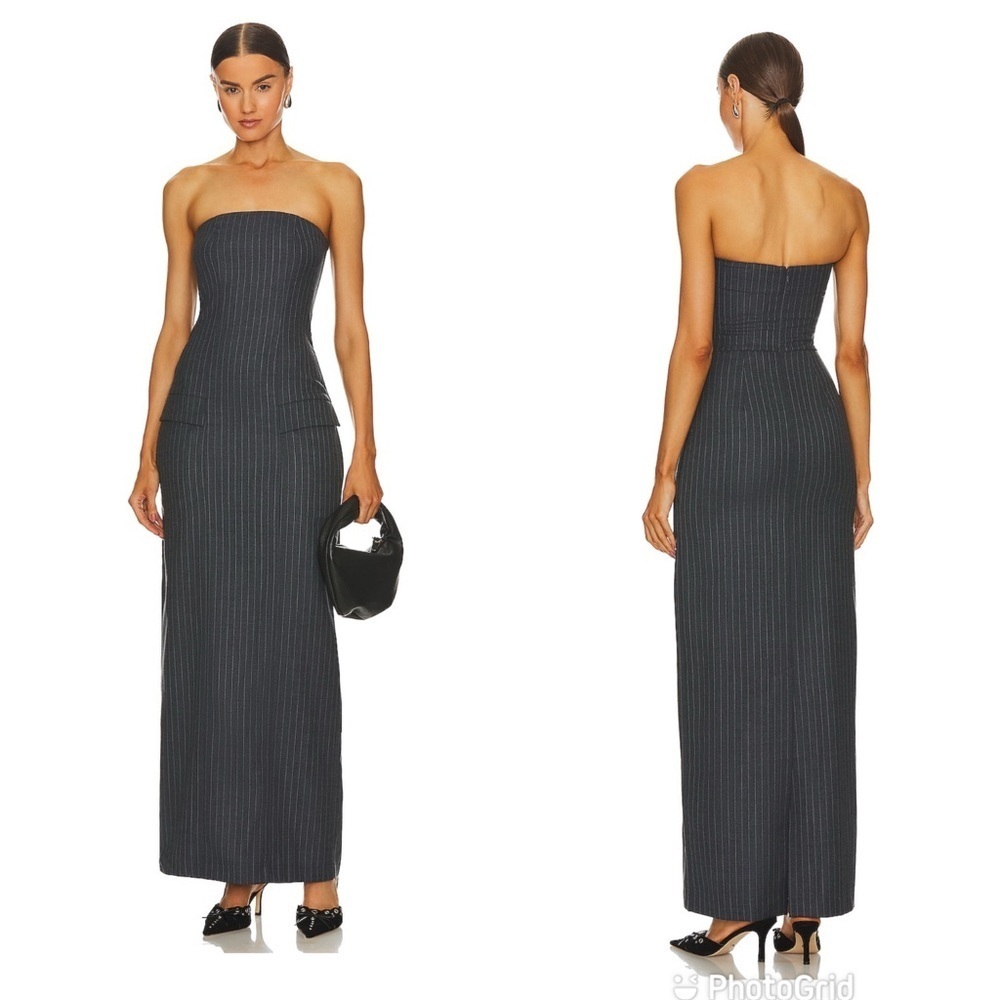 BEC + BRIDGE Pine Strapless Maxi Dress in Charcoal Pinstripe